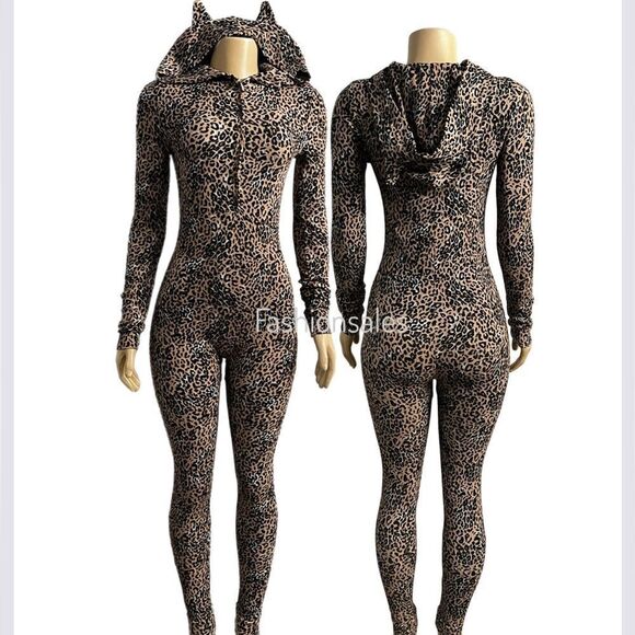 Victorias Secret Pink Thermal Hoodie Sleep Onesie Pajamas Catsuit Leopard Print - Picture 1 of 7